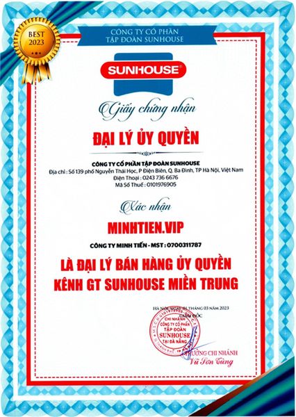 giấy chứng nhận sản phẩm chính hãng sunhouse