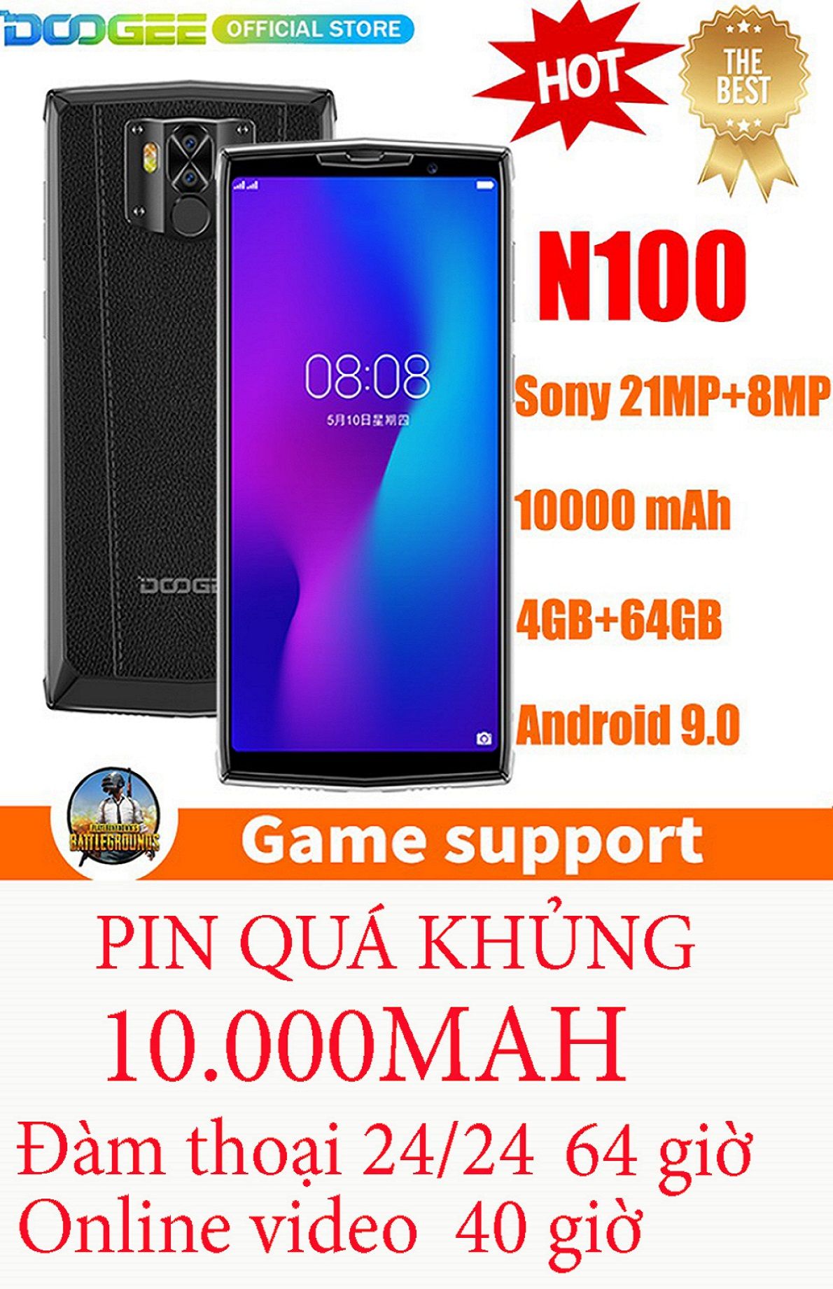 DOOGEE N100 : ĐÀM THOẠI 24/24 60 GIỜ +RAM 4GB + ROM 64 GB + 21MP SONY + PIN KHỦNG 10,000mAh.
