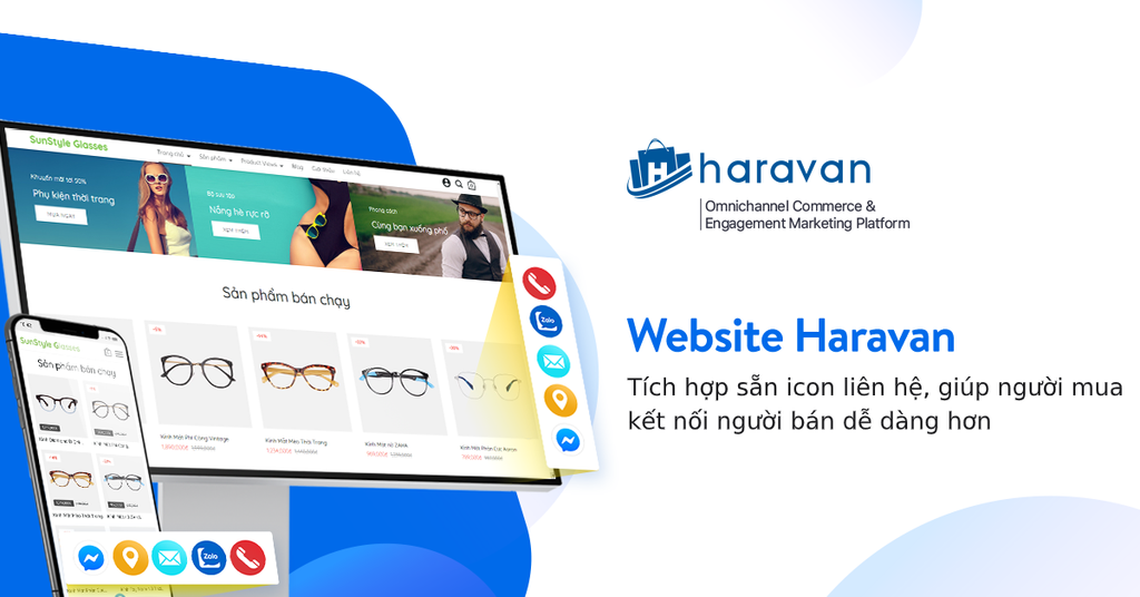 Website Haravan tích hợp sẵn icon liên hệ, giúp người mua kết nối nhà bán hàng dễ dàng hơn