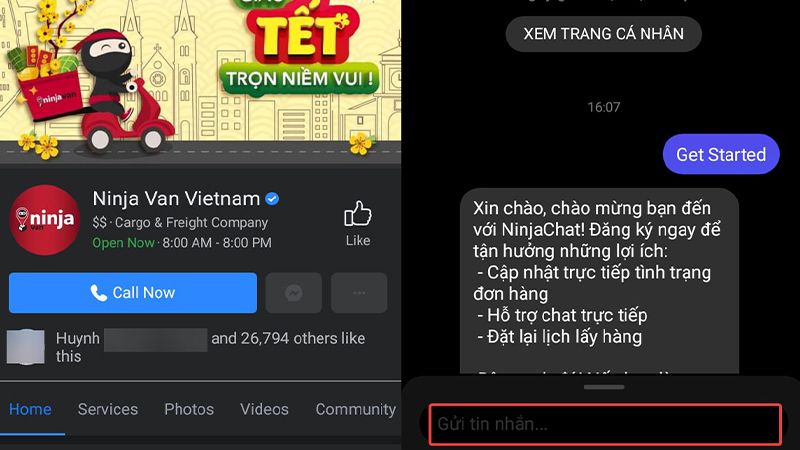 Nhắn tin đến fanpage Ninja Van Vietnam