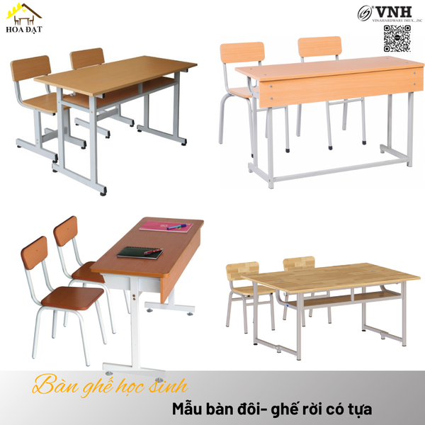 Mẫu khung bàn ghế học sinh thiết kế bàn đôi ghế đơn rời có tựa VNH