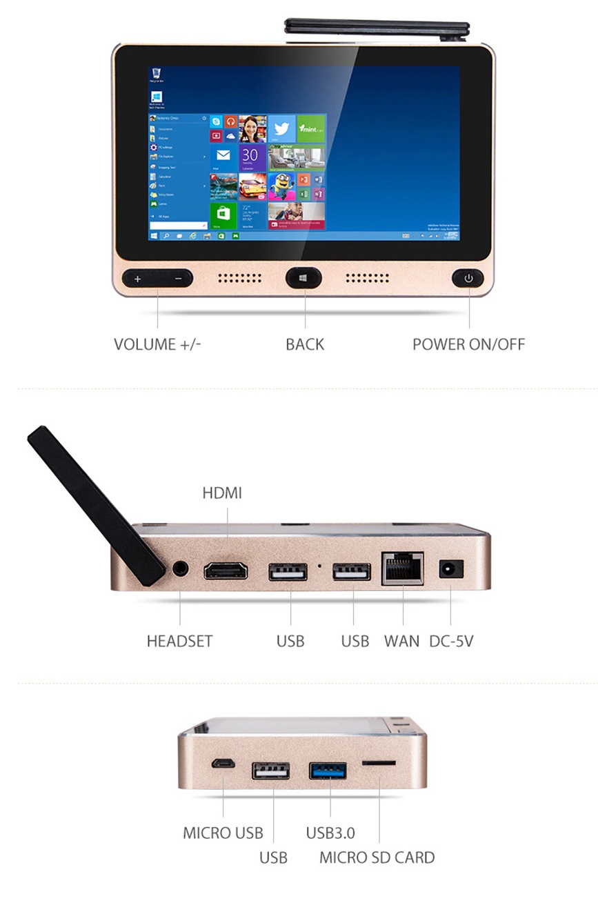 Mini PC máy tính bảng windows 10 /Android Gole One  5inch (Chip X5, Ram 4G, SSD 64G, RJ45, 5 USB)