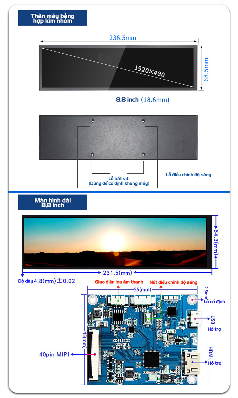 Màn hình dài giám sát di động Aturos AIDA64 8,8 inch hỗ trợ HDMI, giám sát Raspberry Pi cảm ứng