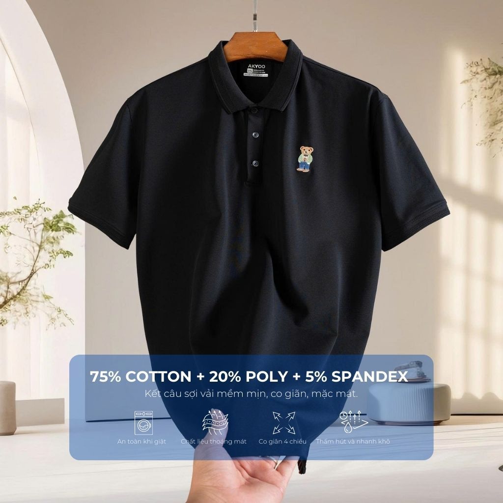 Mô tả chi tiết áo polo đen gấu big size nam Akyoo