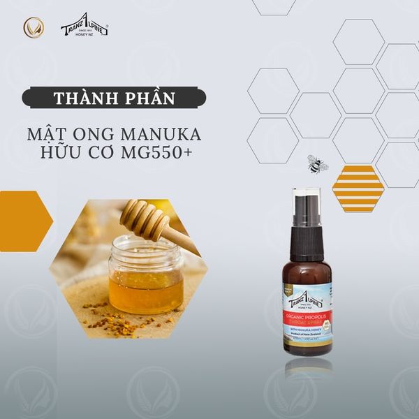 Bảng thành phần Xịt Họng Keo Ong Organic Propolis Throat Spray With Manuka Honey