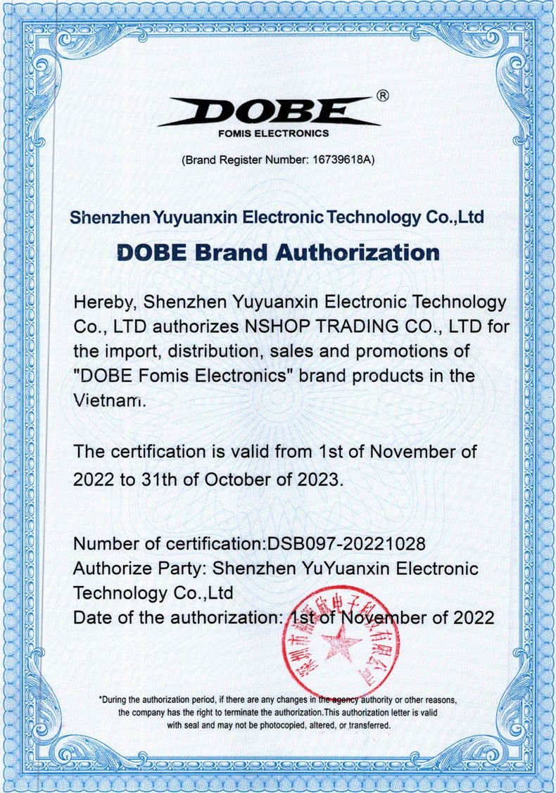 chứng nhận cửa hàng chính hãng phân phối DOBE nShop 2023