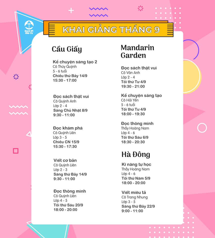 LỊCH KHAI GIẢNG THÁNG 09/2019 - SÁCH ƠI MỞ RA