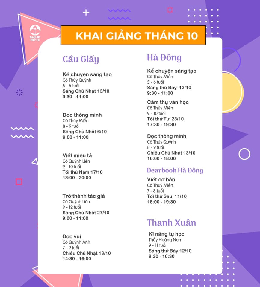 LỊCH KHAI GIẢNG THÁNG 10/2019 - SÁCH ƠI MỞ RA