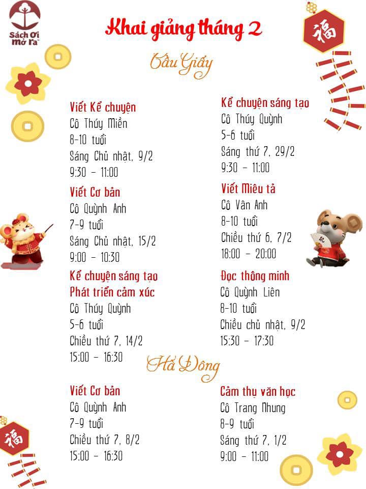 LỊCH KHAI GIẢNG THÁNG 02/2020 - SÁCH ƠI MỞ RA