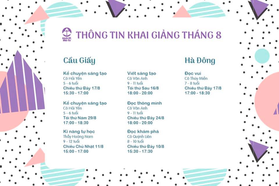 LỊCH KHAI GIẢNG THÁNG 08/2019