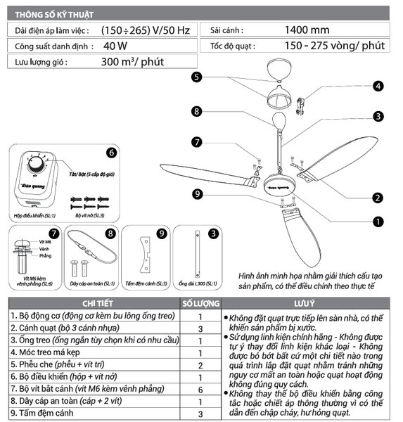 Hướng dẫn sử dụng quạt trần 3 cánh Điện Quang bước 1