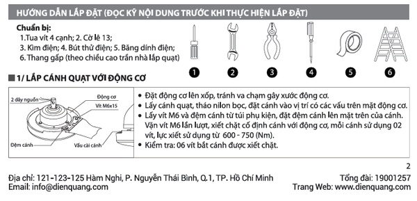 Hướng dẫn sử dụng quạt trần 3 cánh Điện Quang bước 1