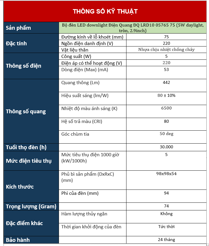 Bộ đèn led downlight Điện Quang ĐQ LRD10 05765 75 (5W daylight, tròn, 2.9inch) (Ảnh 1)