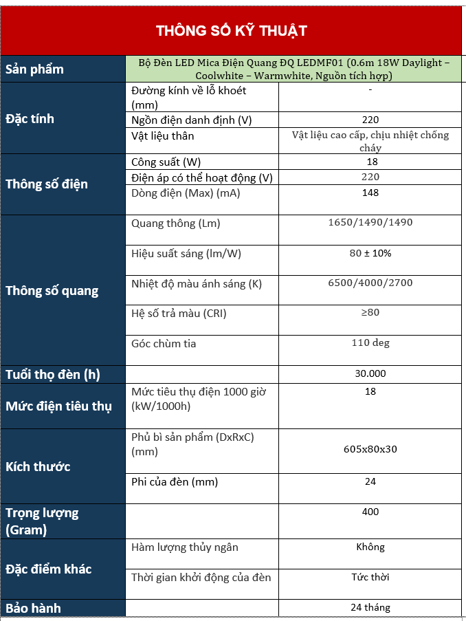 Bộ đèn led Mica Điện Quang ĐQ LEDMF01 18727 (0.6m 18W warmwhite, nguồn tích hợp) (Ảnh 1)