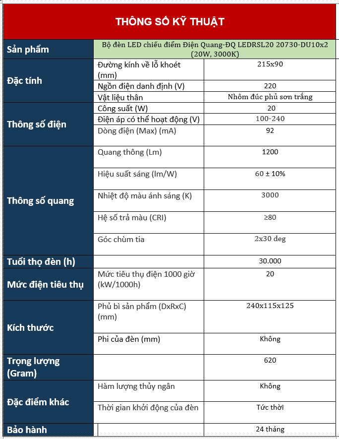 Bộ đèn LED chiếu điểm Điện Quang- ĐQ LEDRSL20 20730- DU10x2 (20W,3000K) - Đèn LED Điện Quang