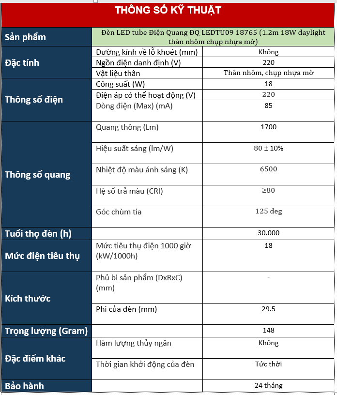 Đèn led tube Điện Quang ĐQ LEDTU09 18765 (1.2m 18W daylight thân nhôm chụp nhựa mờ) (Ảnh 1)