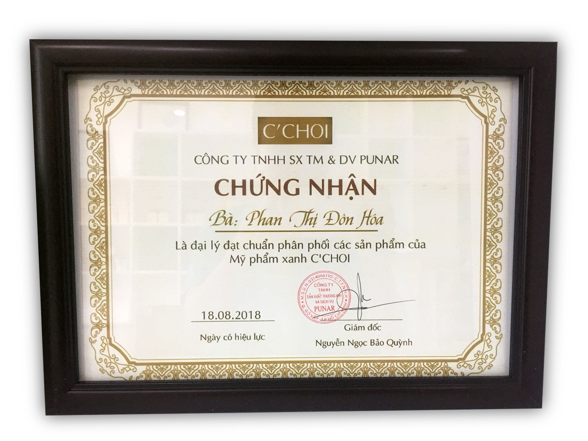 Mỹ Phẩm Xanh C'Choi Cấp Chứng Nhận Công Nhận 5 Đại Lý Mới