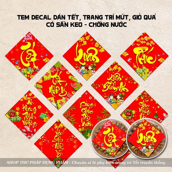 Tem dán hộp quà decal dán trang trí mứt giỏ quà hoa quả trang trí Tết