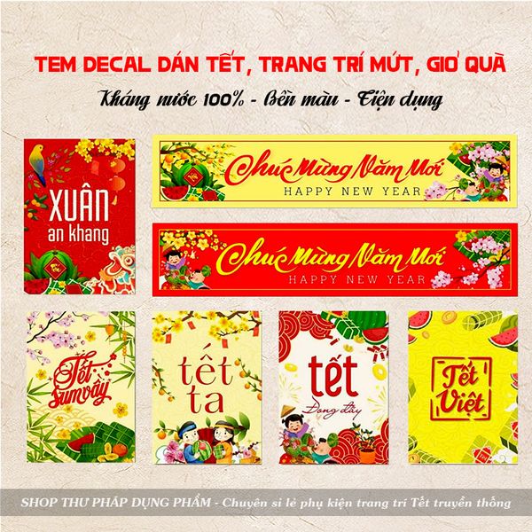 Tem dán trang trí mứt giỏ quà dán hộp hoa quả trang trí Tết M2