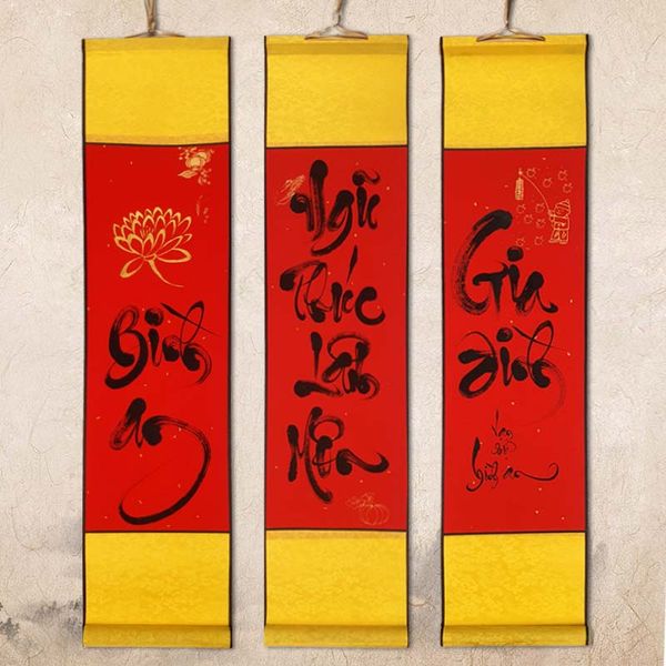 Liễn lụa câu đối 4 chữ, giấy viết thư pháp mini 17x70