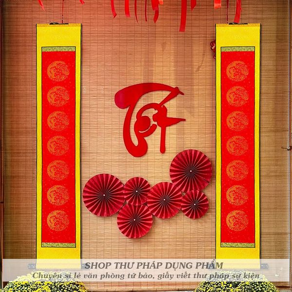 Biểu liễn lụa câu đối 7 chữ giấy xuyến chỉ 25x145cm