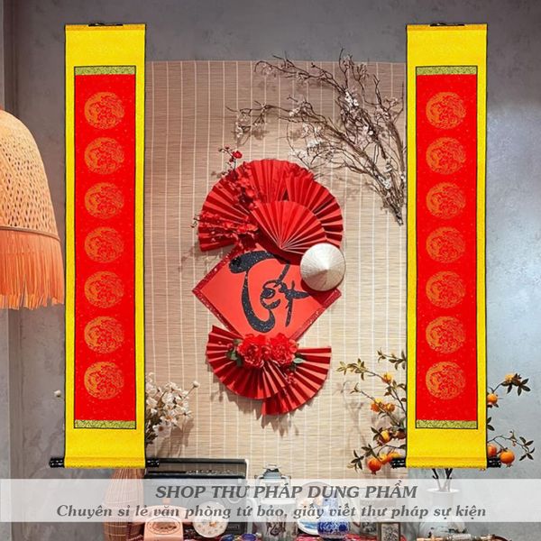 Biểu liễn lụa câu đối 7 chữ giấy xuyến chỉ 25x145cm