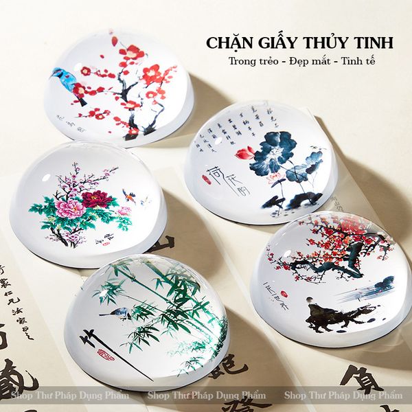 Chặn giấy thư pháp thủy tinh hình tròn in tranh sắc nét độ nặng thích hợp