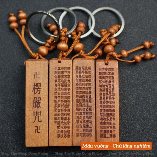Móc treo chìa khoa phôi ấn triện gỗ đào khắc kinh phật