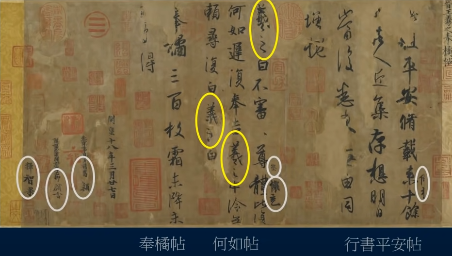 Chữ ký trong 3 thiếp của Vương Hi Chi