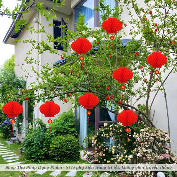 Đèn lồng đỏ nilon chống nước treo trang trí tết, decor không gian truyền thống
