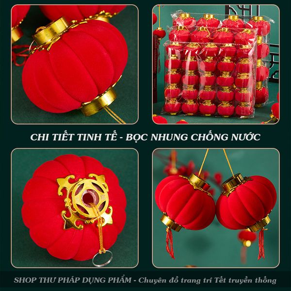Đèn lồng đỏ bọc nhung treo trang trí Tết cành mai đào cây cảnh