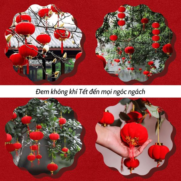 Đèn lồng đỏ bọc nhung treo trang trí Tết cành mai đào cây cảnh