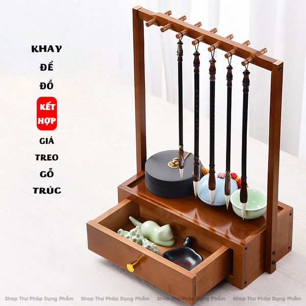 Giá treo bút lông kết hợp khay đựng đồ gỗ trúc tự nhiên