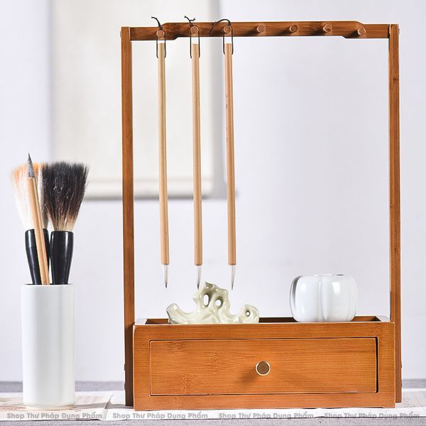 Giá treo bút lông kết hợp khay đựng đồ gỗ trúc tự nhiên