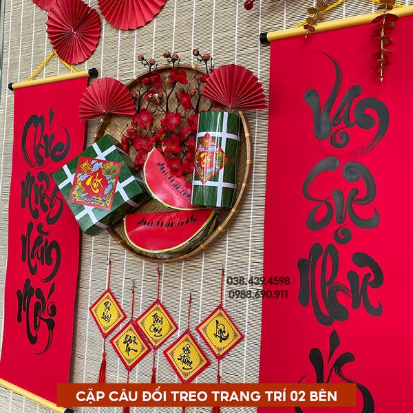 Câu đối đỏ giấy nhung 4 chữ, 7 chữ đã viết chữ 27x79