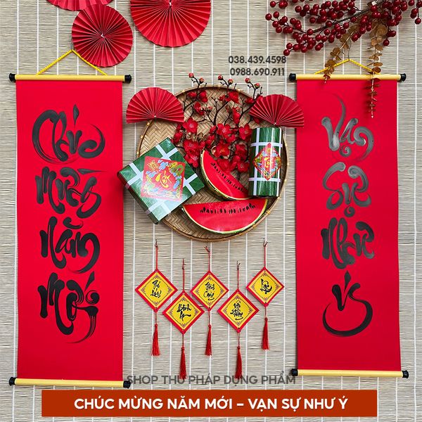 Câu đối đỏ giấy nhung 4 chữ, 7 chữ đã viết chữ 27x79