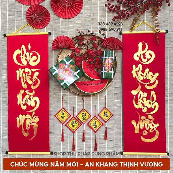 Câu đối đỏ giấy nhung 4 chữ, 7 chữ đã viết chữ 27x79