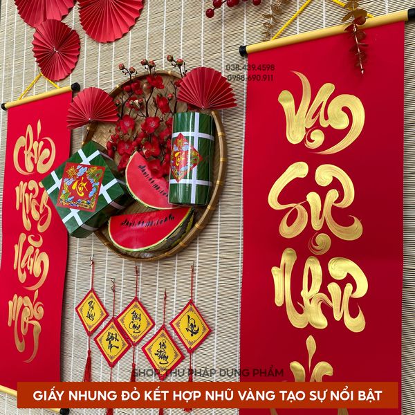 Câu đối đỏ giấy nhung 4 chữ, 7 chữ đã viết chữ 27x79