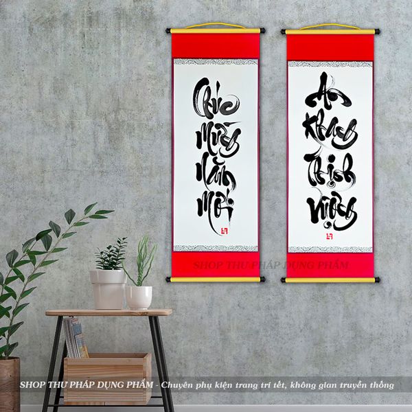 Liễn giấy thư pháp ông đồ viết tay trang trí tết decor không gian truyền thống 27x79cm