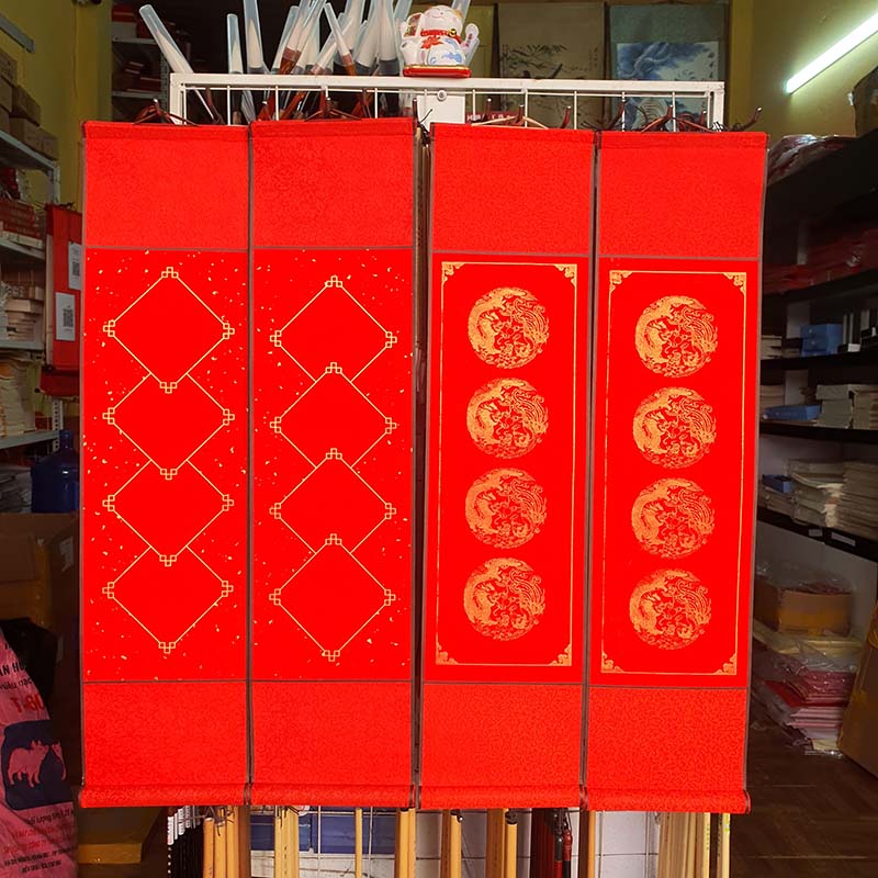 Biểu liễn lụa viết thư pháp mini câu đối 4 chữ 17x70cm