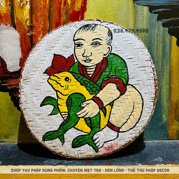 Mẹt tre vẽ họa tiết dân gian trang trí trung thu, tết cổ truyền decor nhà hàng, quán cà phê