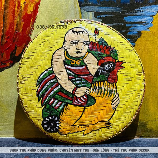 Mẹt tre vẽ họa tiết dân gian trang trí trung thu, tết cổ truyền decor nhà hàng, quán cà phê