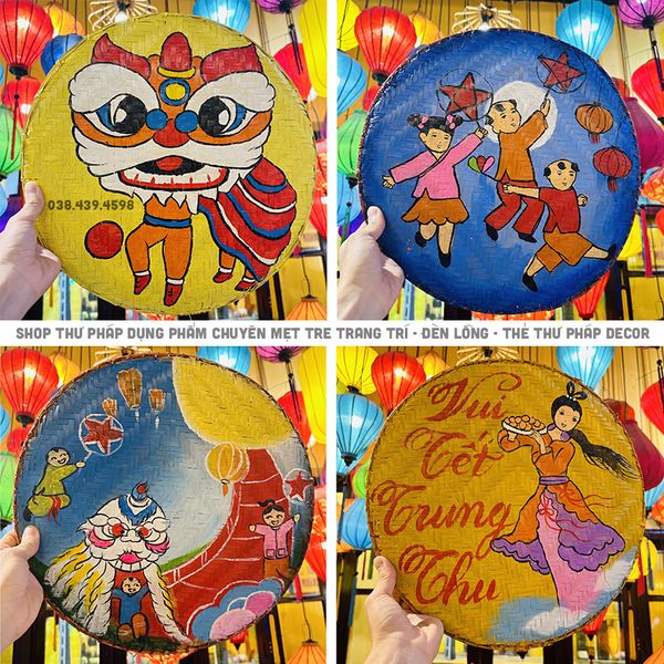Mẹt tre vẽ họa tiết dân gian trang trí trung thu, tết cổ truyền decor nhà hàng, quán cà phê