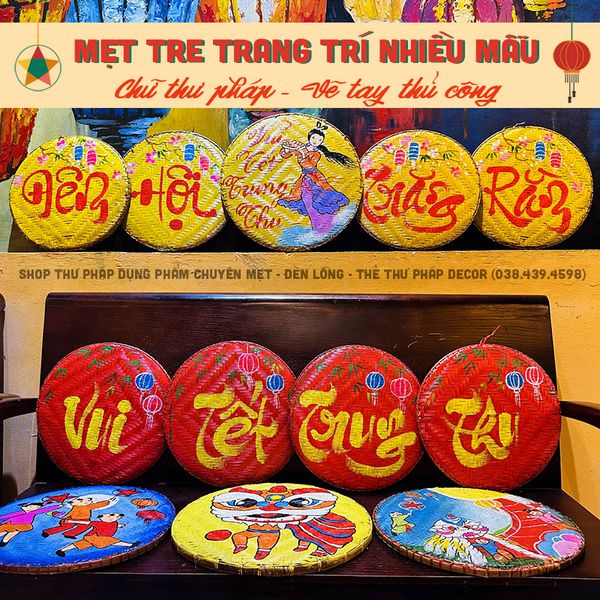 Mẹt tre vẽ họa tiết dân gian trang trí trung thu, tết cổ truyền decor nhà hàng, quán cà phê