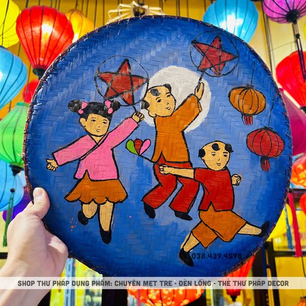 Mẹt tre vẽ họa tiết dân gian trang trí trung thu, tết cổ truyền decor nhà hàng, quán cà phê