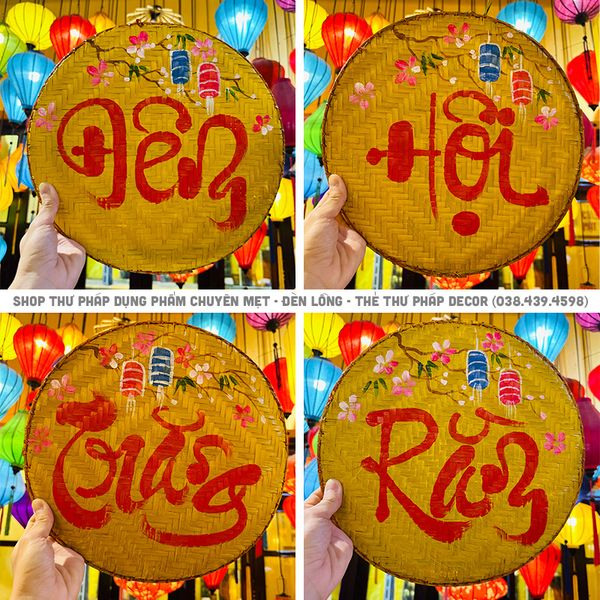 Mẹt tre vẽ họa tiết dân gian trang trí trung thu, tết cổ truyền decor nhà hàng, quán cà phê