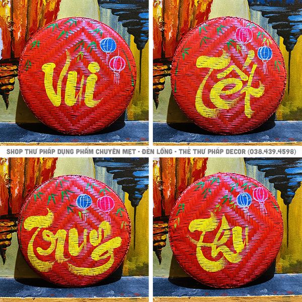 Mẹt tre vẽ họa tiết dân gian trang trí trung thu, tết cổ truyền decor nhà hàng, quán cà phê