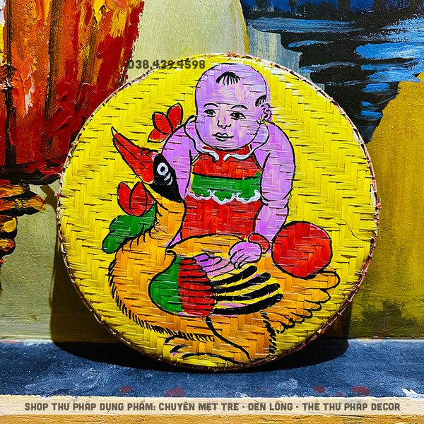 Mẹt tre vẽ họa tiết dân gian trang trí trung thu, tết cổ truyền decor nhà hàng, quán cà phê