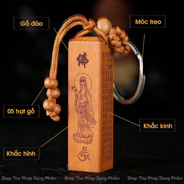Móc treo chìa khoa phôi ấn triện gỗ đào khắc kinh phật