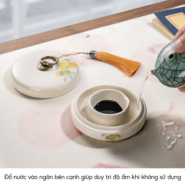 Nghiên mực gốm Nhữ Diêu lòng nghiên 2 lớp giữ ấm chống khô mực